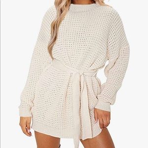Women's Long Sleeve Waffle Knit Sweater Dress Tie Wasit Pullover Tunic Sweater